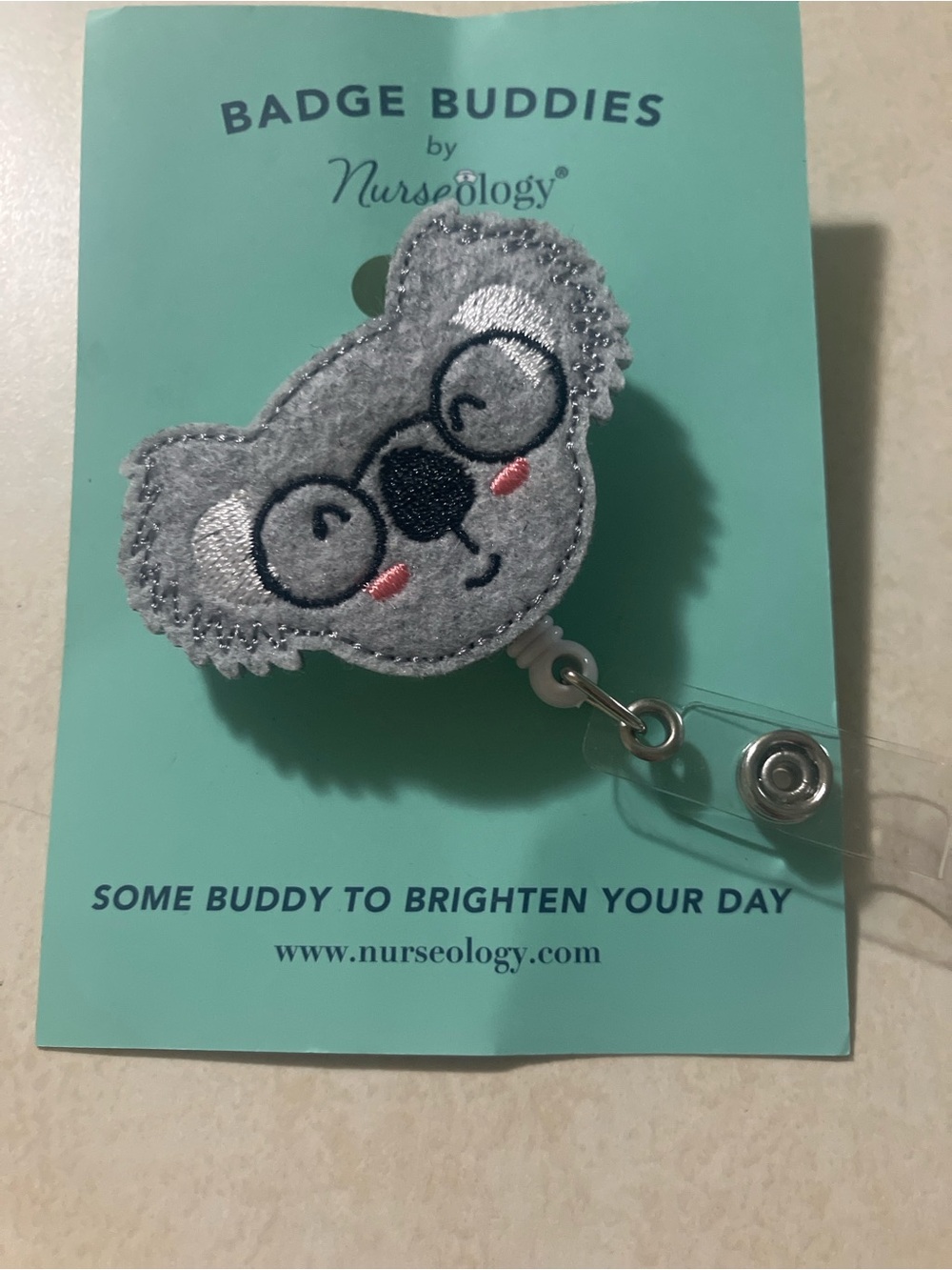 Nurseology gray koala badge buddy